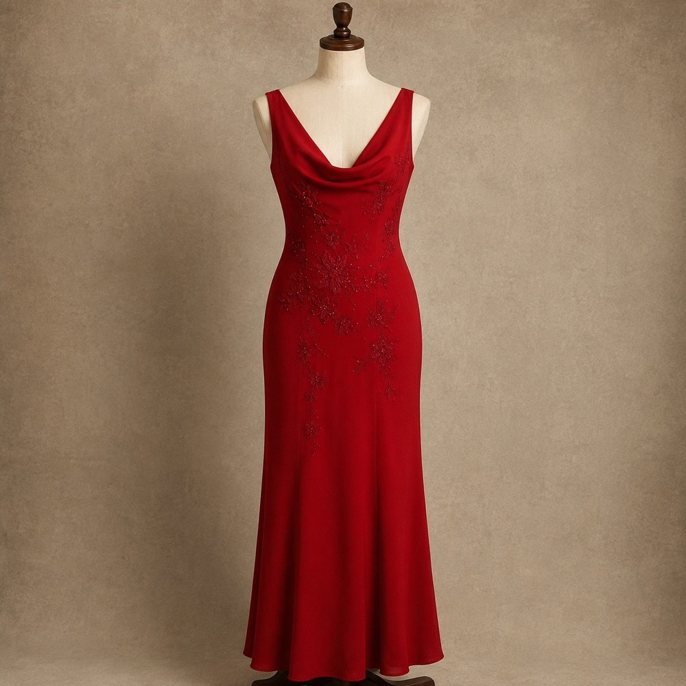 Y2K Vintage Eureka Red Beaded Dress S Floral Cowl Neck 
Formal Evening Gown